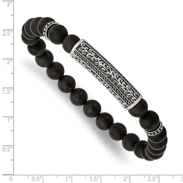 TreasureFineJewelers Bracelets Chisel Stainless Steel Antiqued and Polished with Black CZ 85mm Agate Beaded Stretch Bracelet