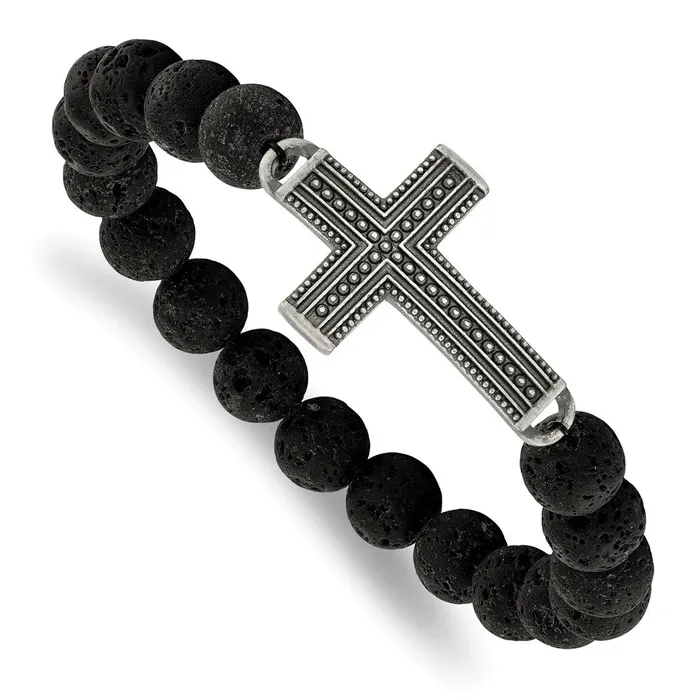 TreasureFineJewelers Bracelets Chisel Stainless Steel Antiqued Gun Metal IPplated Cross 105mm Lava Stone Beaded Stretch Bracelet TreasureFineJewelers Bracelets Chisel Stainless Steel Antiqued Gun Metal IPplated Cross 105mm Lava Stone Beaded Stretch Bracelet
