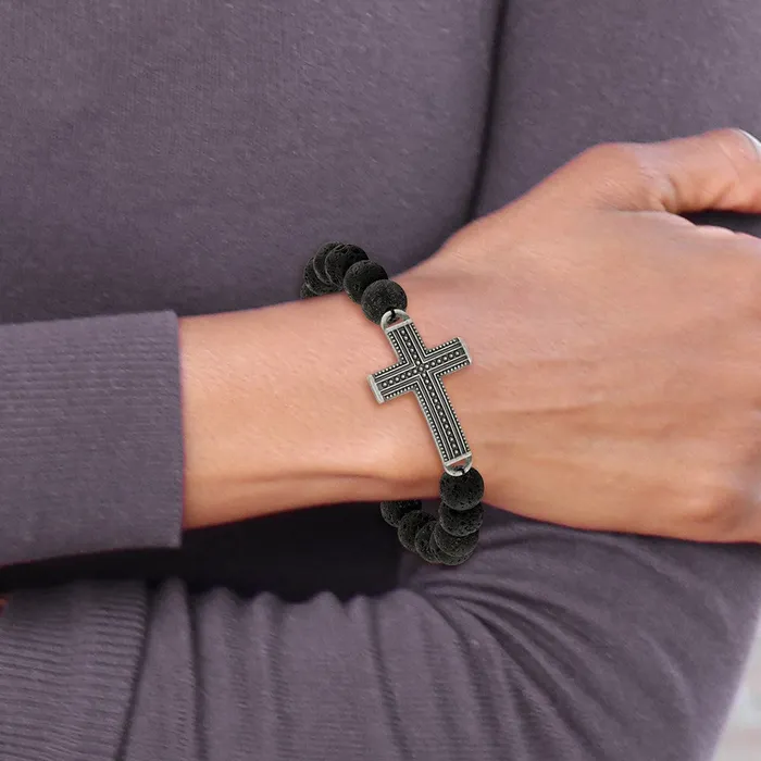 TreasureFineJewelers Bracelets Chisel Stainless Steel Antiqued Gun Metal IPplated Cross 105mm Lava Stone Beaded Stretch Bracelet