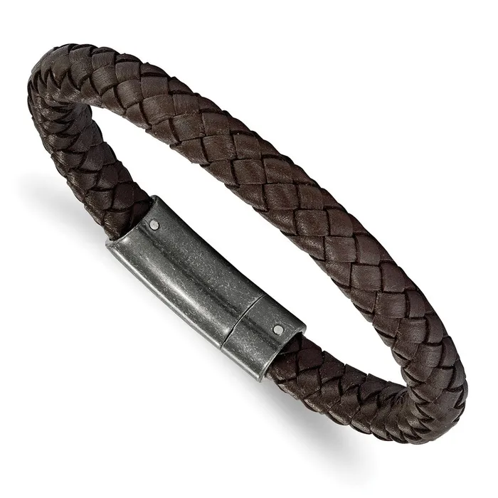 TreasureFineJewelers Bracelets Chisel Stainless Steel Brushed Brown Braided Leather 825 inch Bracelet TreasureFineJewelers Bracelets Chisel Stainless Steel Brushed Brown Braided Leather 825 inch Bracelet
