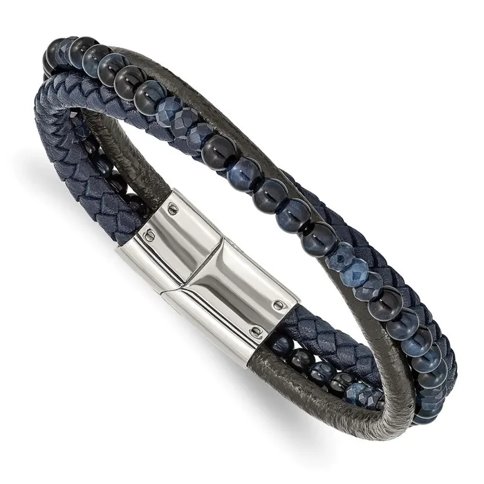 TreasureFineJewelers Bracelets Chisel Stainless Steel Polished Multi Strand Blue Chalcedony and Tigers Eye Beaded Black and Blue Leather 825 inch Bracelet TreasureFineJewelers Bracelets Chisel Stainless Steel Polished Multi Strand Blue Chalcedony and Tigers Eye Beaded Black and Blue Leather 825 inch Bracelet