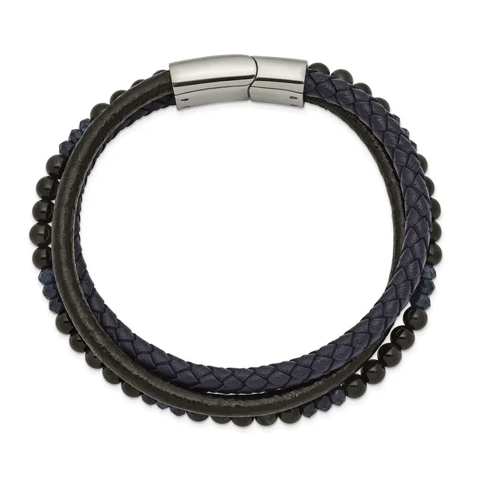 TreasureFineJewelers Bracelets Chisel Stainless Steel Polished Multi Strand Blue Chalcedony and Tigers Eye Beaded Black and Blue Leather 825 inch Bracelet