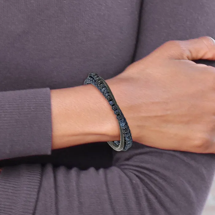 TreasureFineJewelers Bracelets Chisel Stainless Steel Polished Multi Strand Blue Chalcedony and Tigers Eye Beaded Black and Blue Leather 825 inch Bracelet