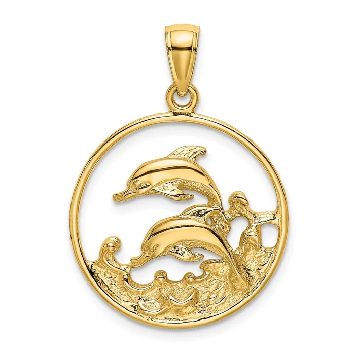 TreasureFineJewelers Charm Necklaces 14K Double Dolphins In Circle Charm TreasureFineJewelers Charm Necklaces 14K Double Dolphins In Circle Charm