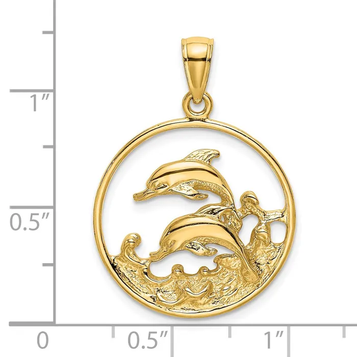 TreasureFineJewelers Charm Necklaces 14K Double Dolphins In Circle Charm