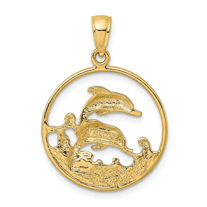 TreasureFineJewelers Charm Necklaces 14K Double Dolphins In Circle Charm