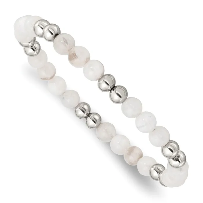 TreasureFineJewelers Chisel Stainless Steel Polished 6mm White Moonstone Beaded Stretch Bracelet Bracelets TreasureFineJewelers Chisel Stainless Steel Polished 6mm White Moonstone Beaded Stretch Bracelet Bracelets