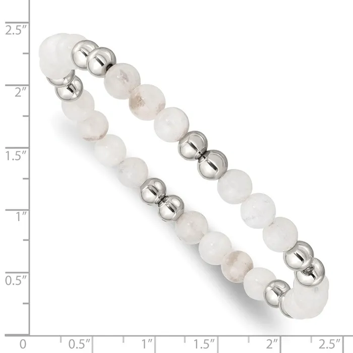 TreasureFineJewelers Chisel Stainless Steel Polished 6mm White Moonstone Beaded Stretch Bracelet Bracelets