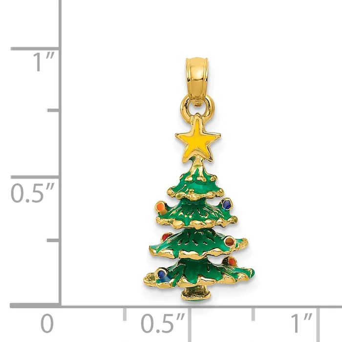 TreasureFineJewelers Necklaces 14k Yellow Gold 3D Enameled Christmas Tree Pendant