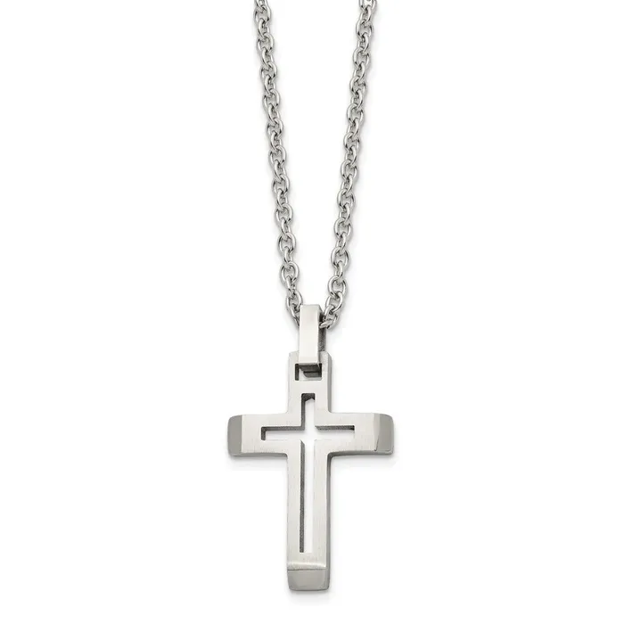TreasureFineJewelers Necklaces Chisel Stainless Steel Brushed and Polished Cutout Cross Pendant on a 20 inch Cable Chain Necklace