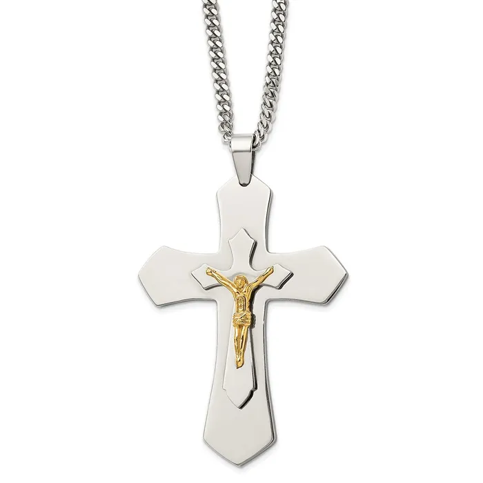 TreasureFineJewelers Necklaces Chisel Stainless Steel Polished Yellow IPplated Large Crucifix Pendant on a 24 inch Curb Chain Necklace TreasureFineJewelers Necklaces Chisel Stainless Steel Polished Yellow IPplated Large Crucifix Pendant on a 24 inch Curb Chain Necklace