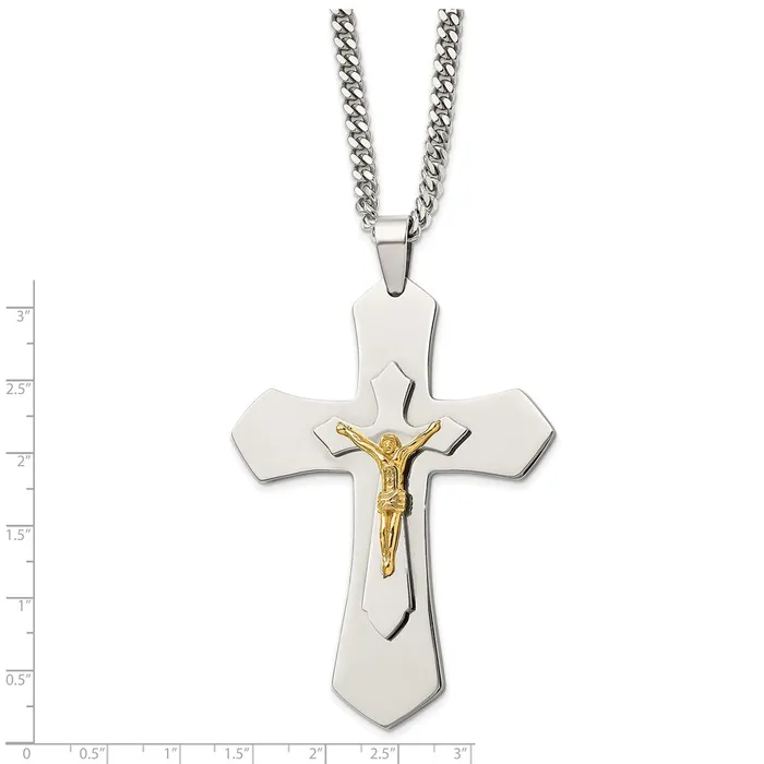 TreasureFineJewelers Necklaces Chisel Stainless Steel Polished Yellow IPplated Large Crucifix Pendant on a 24 inch Curb Chain Necklace
