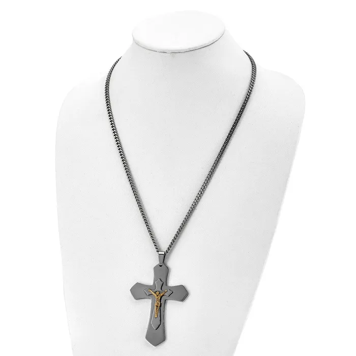 TreasureFineJewelers Necklaces Chisel Stainless Steel Polished Yellow IPplated Large Crucifix Pendant on a 24 inch Curb Chain Necklace