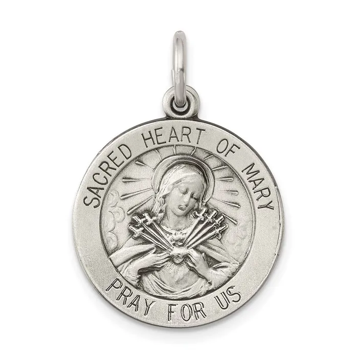 TreasureFineJewelers Necklaces Sterling Silver Antiqued Sacred Heart of Mary Medal TreasureFineJewelers Necklaces Sterling Silver Antiqued Sacred Heart of Mary Medal
