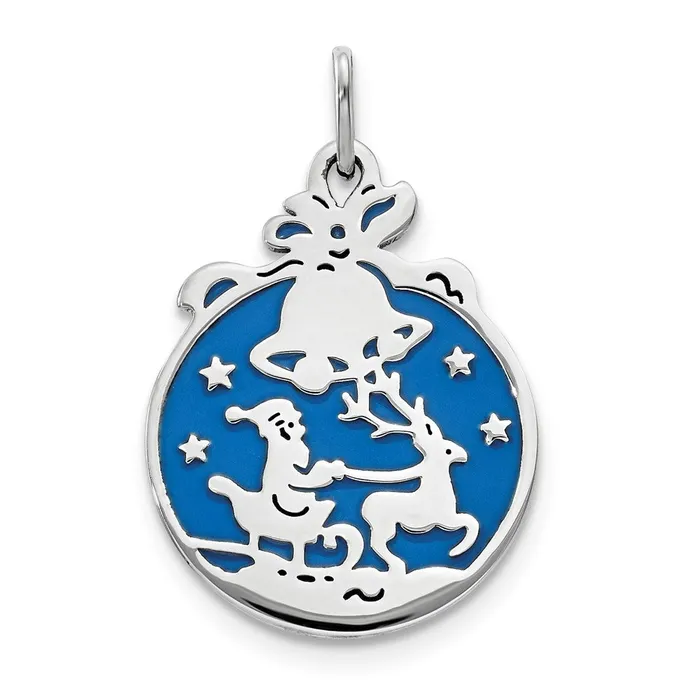 TreasureFineJewelers Necklaces Sterling Silver Polished Blue Enamel Santa wReindeer Circle Pendant TreasureFineJewelers Necklaces Sterling Silver Polished Blue Enamel Santa wReindeer Circle Pendant