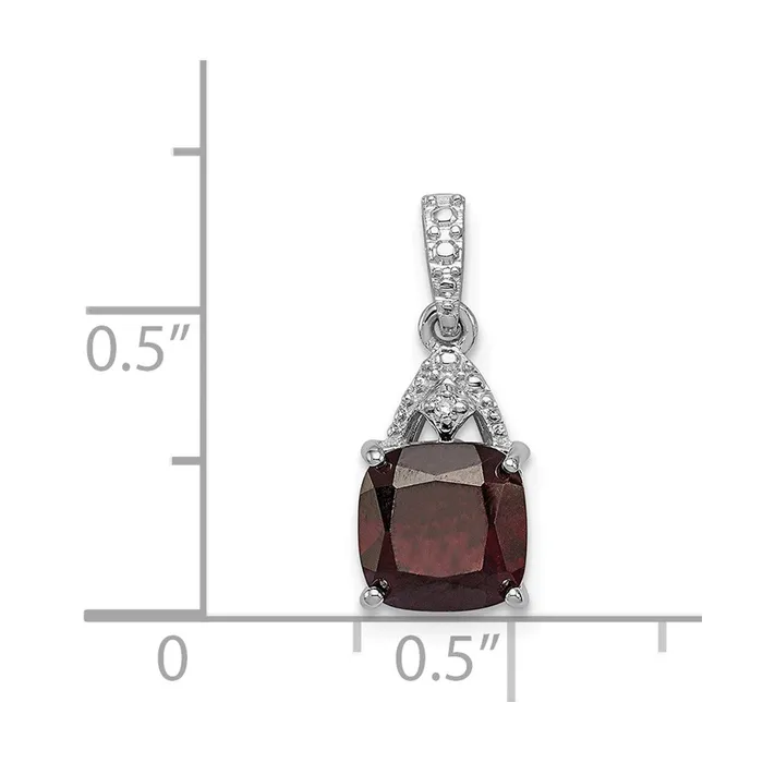 TreasureFineJewelers Necklaces Sterling Silver Rhodium Plated Diamond Garnet Cushion Pendant
