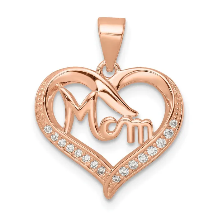 TreasureFineJewelers Necklaces Sterling Silver Rose Tone CZ Mom Heart Pendant TreasureFineJewelers Necklaces Sterling Silver Rose Tone CZ Mom Heart Pendant