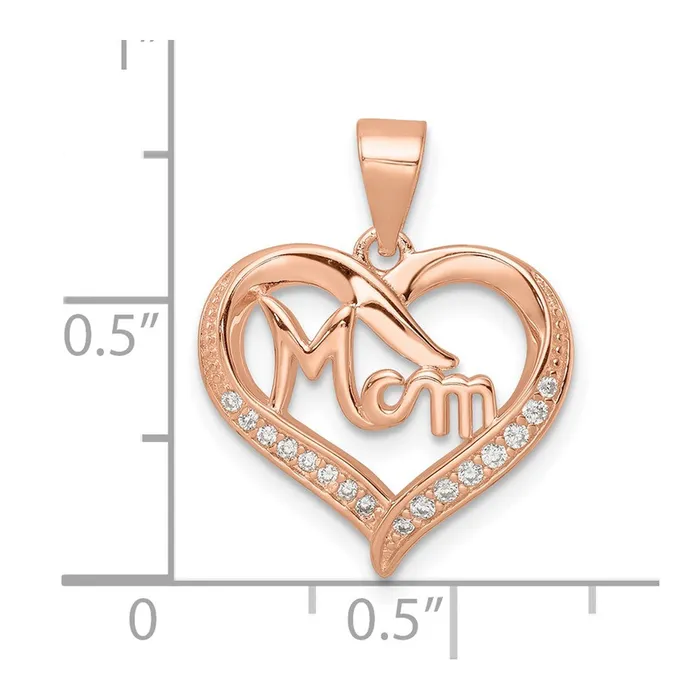 TreasureFineJewelers Necklaces Sterling Silver Rose Tone CZ Mom Heart Pendant