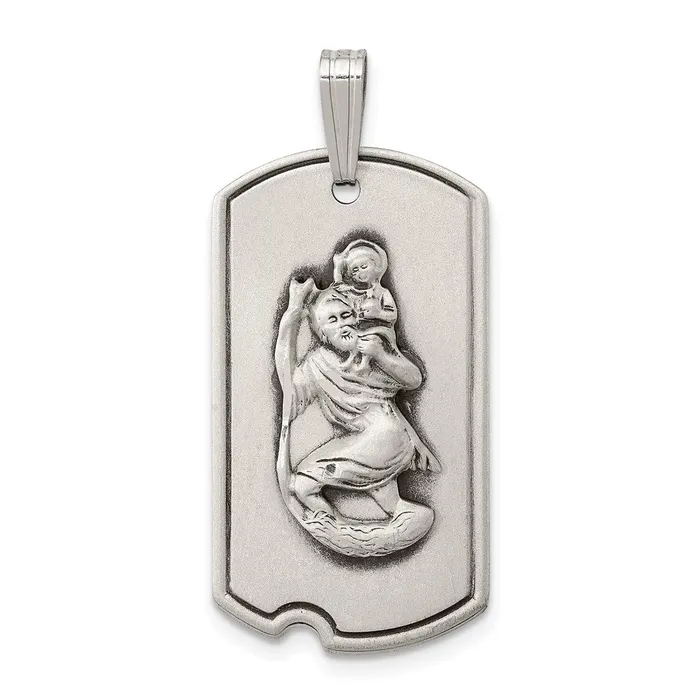 TreasureFineJewelers Necklaces Sterling Silver Satin Antiqued St Christopher Dog Tag Pendant TreasureFineJewelers Necklaces Sterling Silver Satin Antiqued St Christopher Dog Tag Pendant