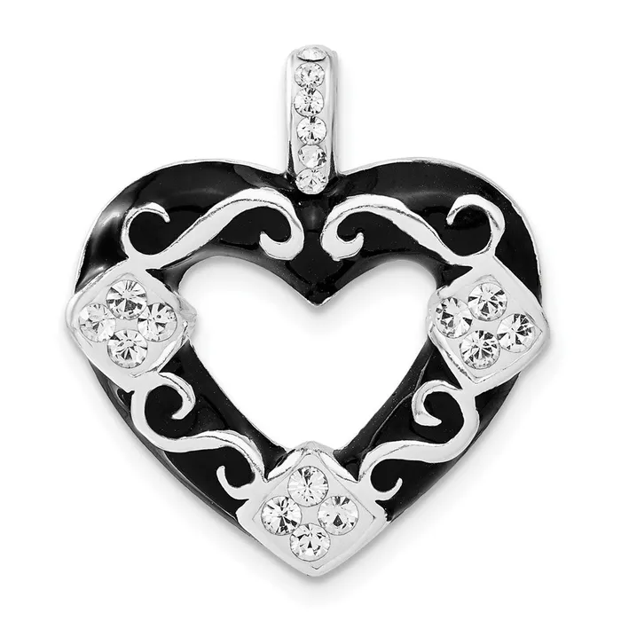 TreasureFineJewelers Necklaces Sterling Silver Stellux Crystal Black Enamel Heart Pendant TreasureFineJewelers Necklaces Sterling Silver Stellux Crystal Black Enamel Heart Pendant