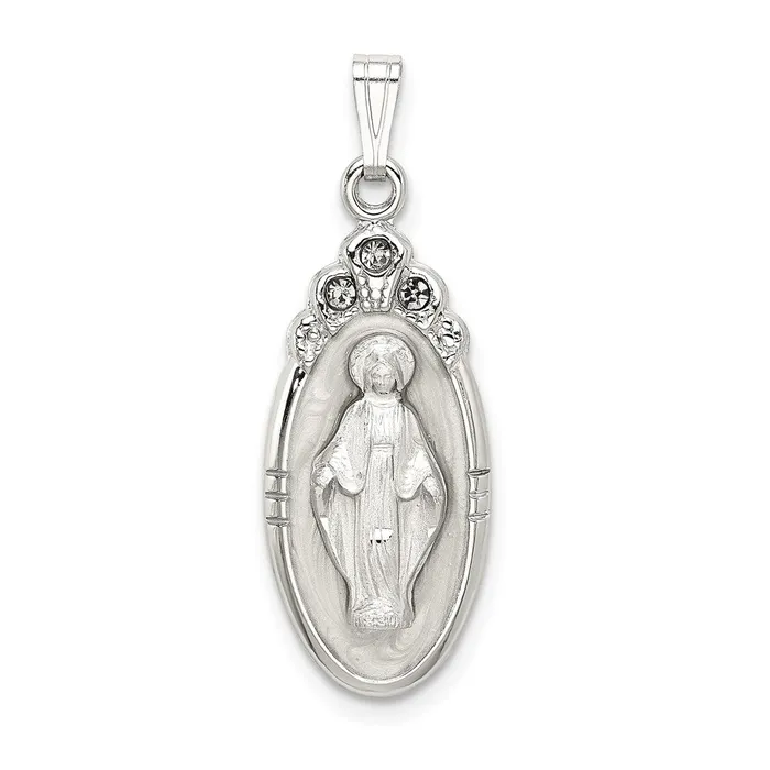 TreasureFineJewelers Sterling Silver White Epoxy Crystal Miraculous Medal Pendant Necklaces TreasureFineJewelers Sterling Silver White Epoxy Crystal Miraculous Medal Pendant Necklaces