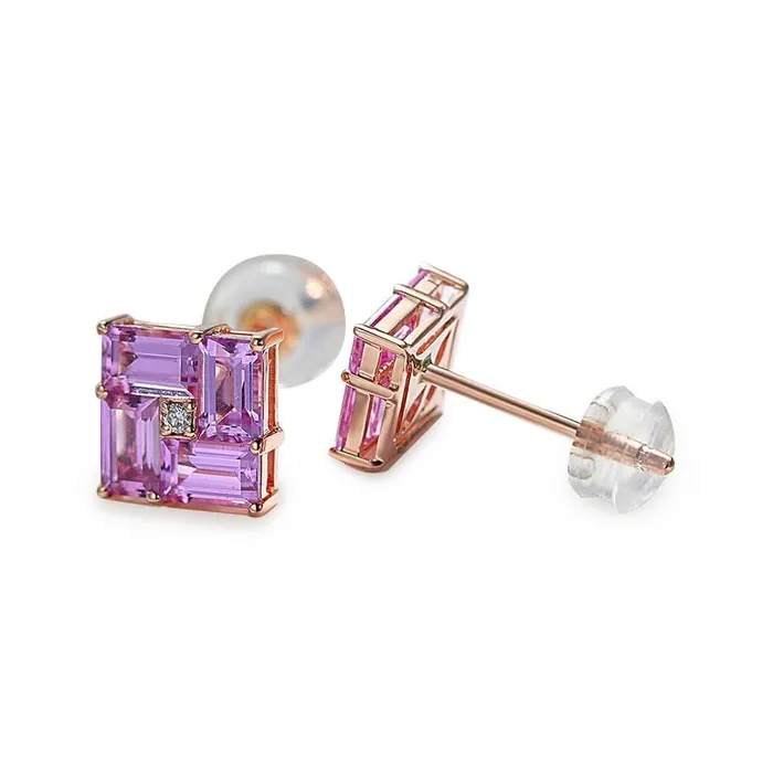 Trendolla Jewelry Earrings 14k Gold Swastika Pink Radiant Cut Earrings