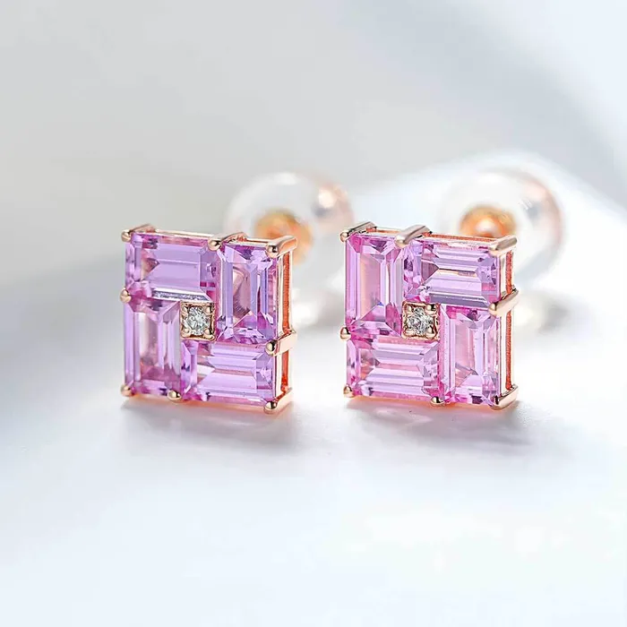Trendolla Jewelry Earrings 14k Gold Swastika Pink Radiant Cut Earrings