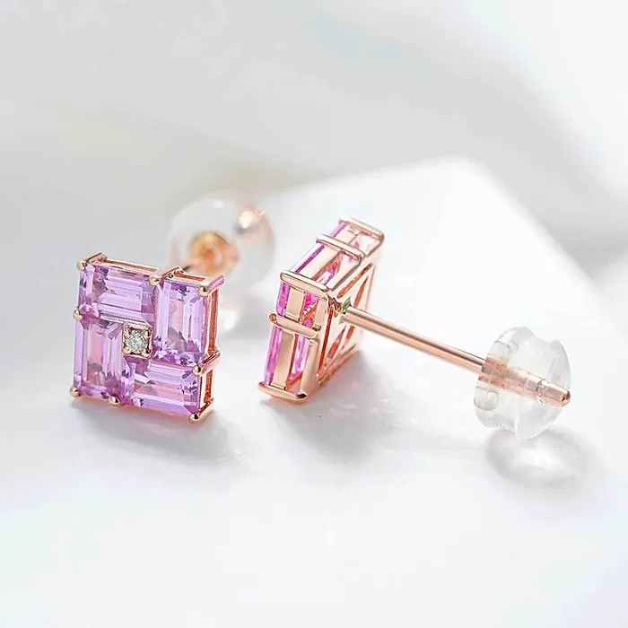 Trendolla Jewelry Earrings 14k Gold Swastika Pink Radiant Cut Earrings