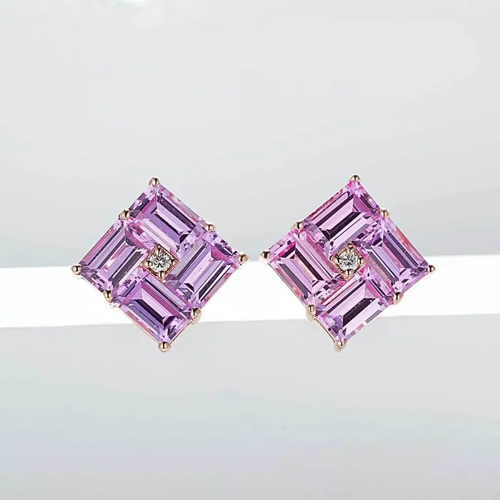 Trendolla Jewelry Earrings 14k Gold Swastika Pink Radiant Cut Earrings
