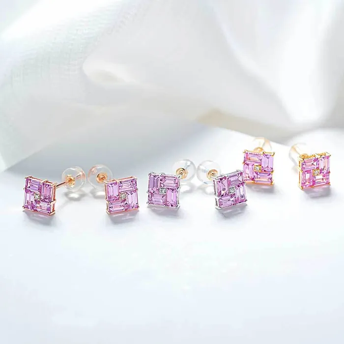 Trendolla Jewelry Earrings 14k Gold Swastika Pink Radiant Cut Earrings