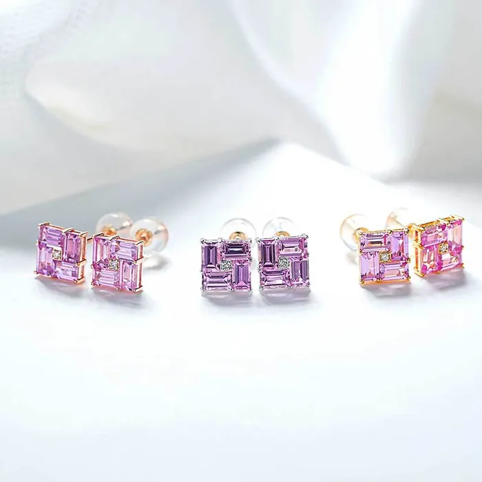 Trendolla Jewelry Earrings 14k Gold Swastika Pink Radiant Cut Earrings