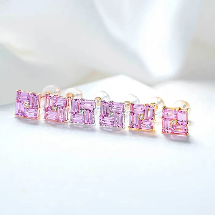 Trendolla Jewelry Earrings 14k Gold Swastika Pink Radiant Cut Earrings