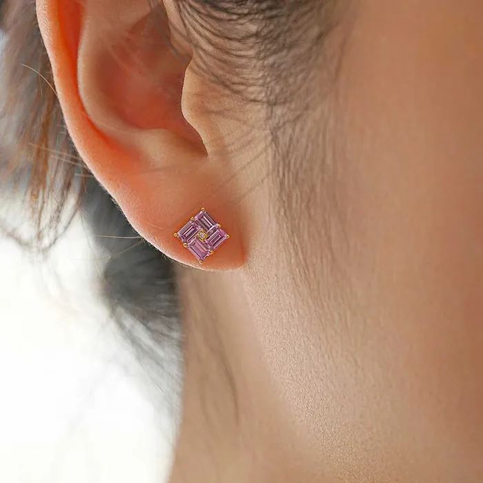Trendolla Jewelry Earrings 14k Gold Swastika Pink Radiant Cut Earrings