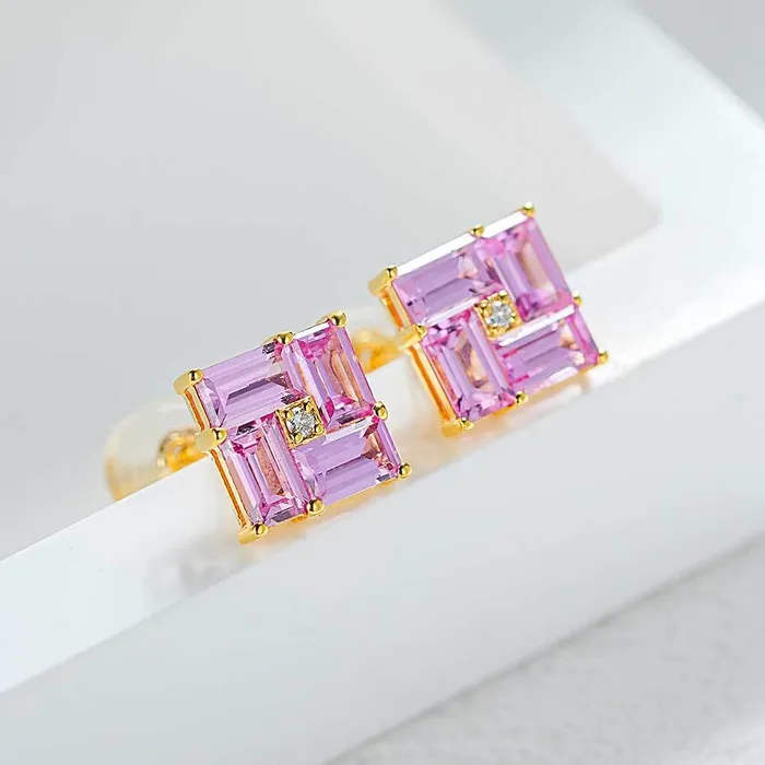 Trendolla Jewelry Earrings 14k Gold Swastika Pink Radiant Cut Earrings