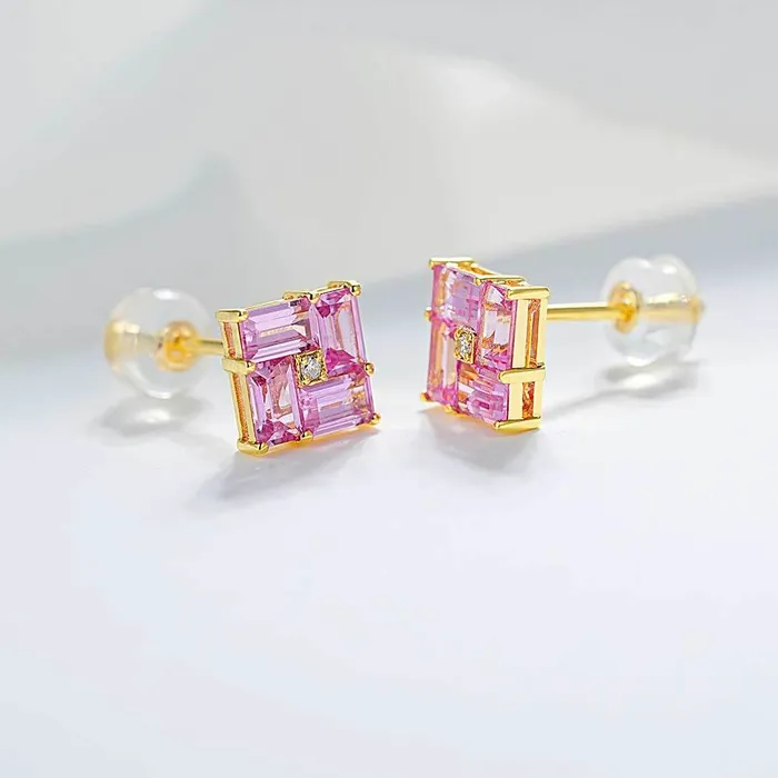 Trendolla Jewelry Earrings 14k Gold Swastika Pink Radiant Cut Earrings