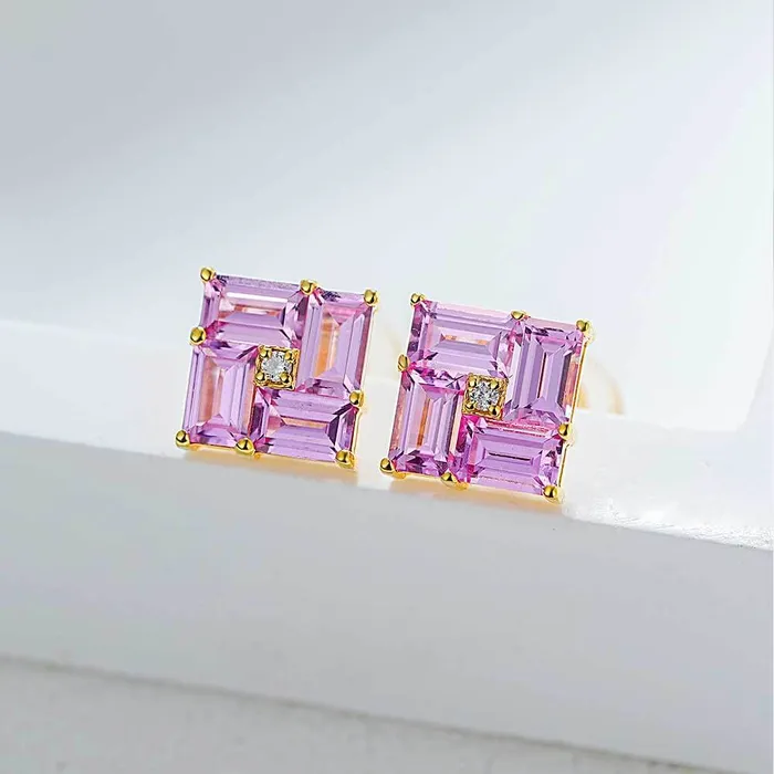 Trendolla Jewelry Earrings 14k Gold Swastika Pink Radiant Cut Earrings