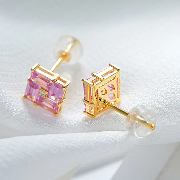Trendolla Jewelry Earrings 14k Gold Swastika Pink Radiant Cut Earrings