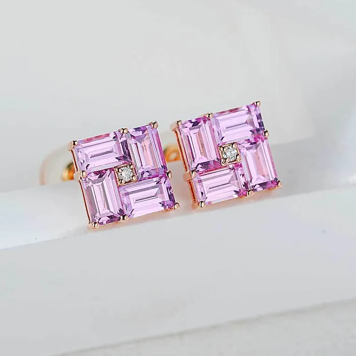 Trendolla Jewelry Earrings 14k Gold Swastika Pink Radiant Cut Earrings