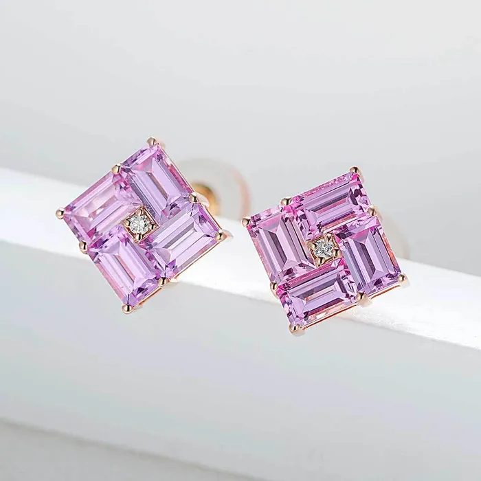 Trendolla Jewelry Earrings 14k Gold Swastika Pink Radiant Cut Earrings