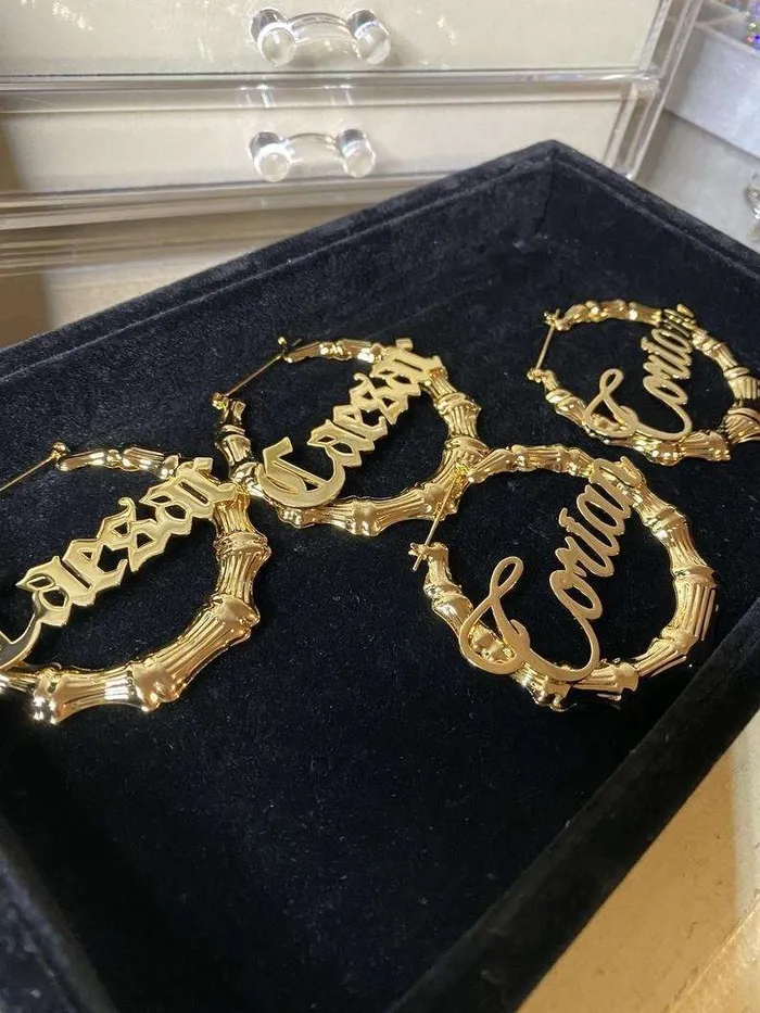 KHLOE JEWELS Custom Jewelry Earrings Bamboo Custom Name Hoop Earrings