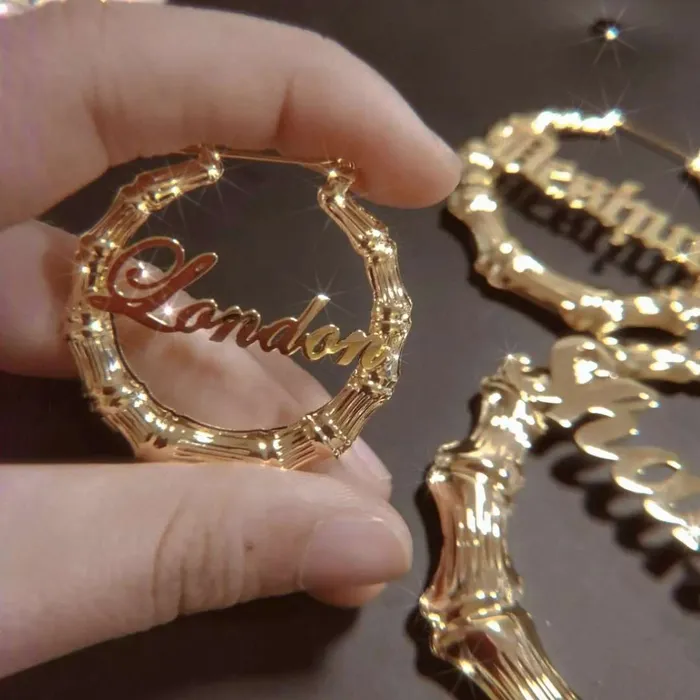 KHLOE JEWELS Custom Jewelry Earrings Bamboo Custom Name Hoop Earrings