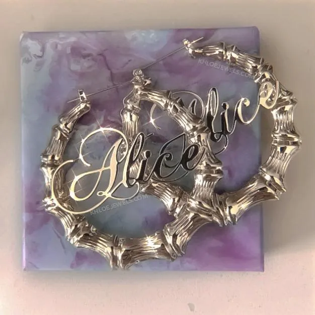 KHLOE JEWELS Custom Jewelry Earrings Bamboo Custom Name Hoop Earrings