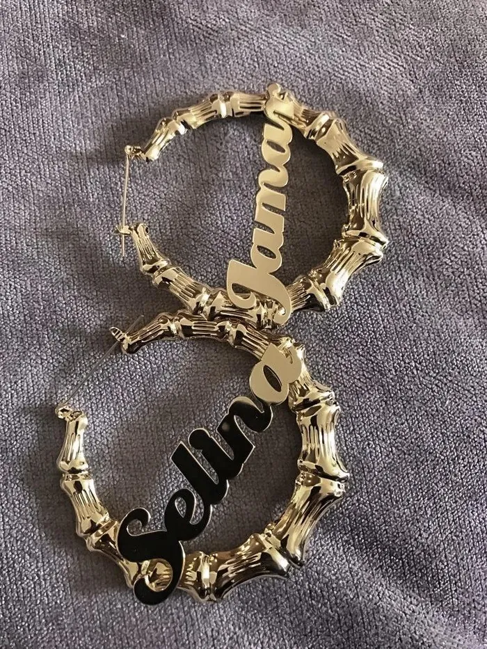 KHLOE JEWELS Custom Jewelry Earrings Bamboo Custom Name Hoop Earrings