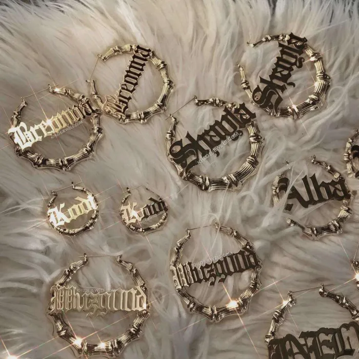 KHLOE JEWELS Custom Jewelry Earrings Bamboo Custom Name Hoop Earrings