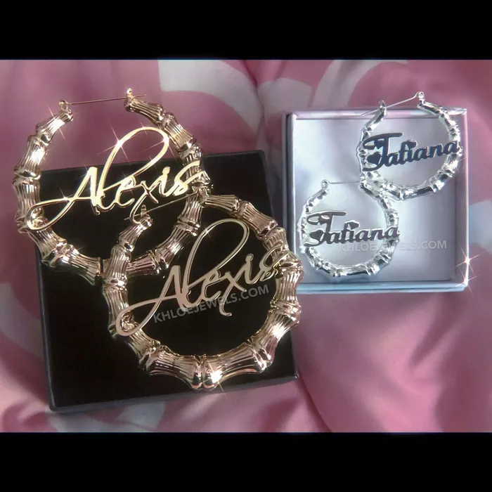 KHLOE JEWELS Custom Jewelry Earrings Bamboo Custom Name Hoop Earrings