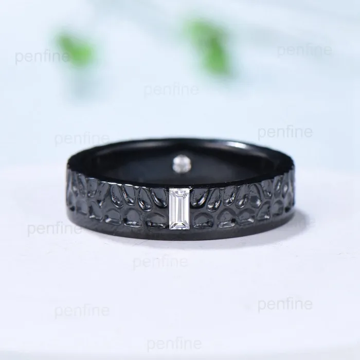 Black Gold Moissanite Men Wedding Band Baguette Hammer Mens Wedding Ring Solitaire 5mm Stacking Matching Band Retro Vintage Gift PENFINE Rings Black Gold Moissanite Men Wedding Band Baguette Hammer Mens Wedding Ring Solitaire 5mm Stacking Matching Band Retro Vintage Gift PENFINE Rings