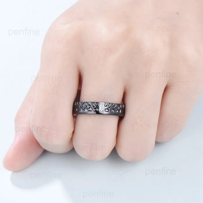 Black Gold Moissanite Men Wedding Band Baguette Hammer Mens Wedding Ring Solitaire 5mm Stacking Matching Band Retro Vintage Gift PENFINE Rings Black Gold Moissanite Men Wedding Band Baguette Hammer Mens Wedding Ring Solitaire 5mm Stacking Matching Band Retro Vintage Gift PENFINE Rings