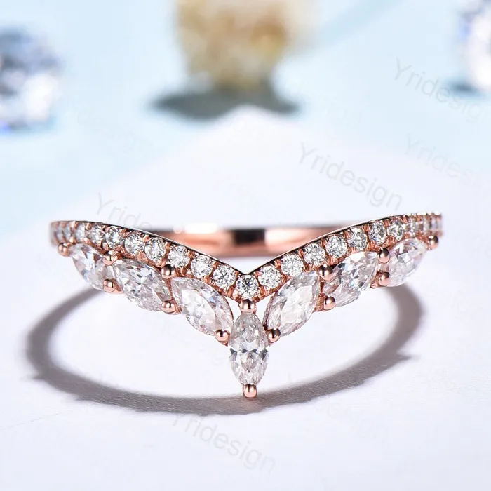Diamond Wedding Ring For Women Unique Wedding Band Rose Gold Vintage Curved V Marquise Moissanite Matching Band Stacking Anniversary Ring PENFINE Rings Diamond Wedding Ring For Women Unique Wedding Band Rose Gold Vintage Curved V Marquise Moissanite Matching Band Stacking Anniversary Ring PENFINE Rings