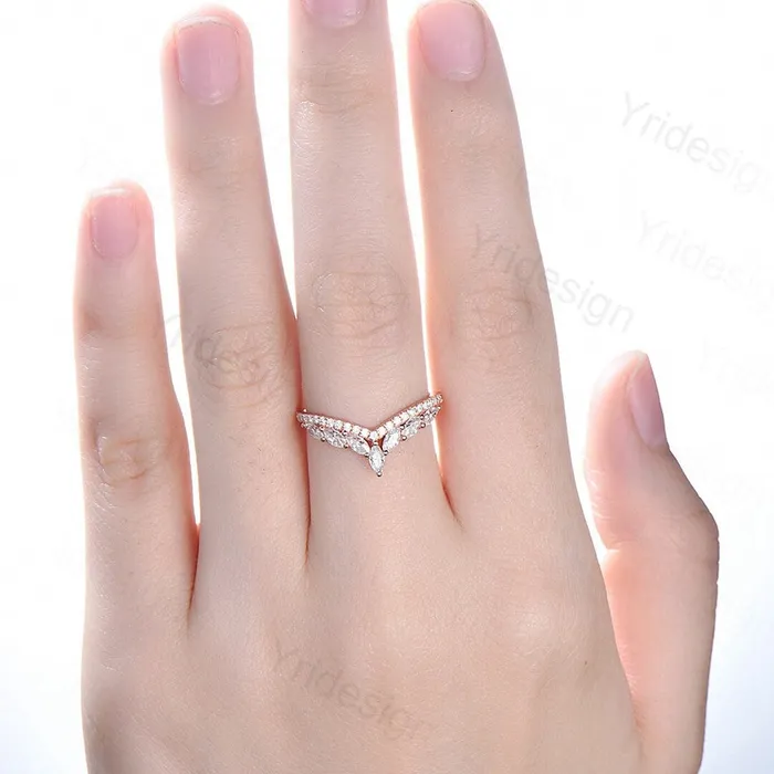 Diamond Wedding Ring For Women Unique Wedding Band Rose Gold Vintage Curved V Marquise Moissanite Matching Band Stacking Anniversary Ring PENFINE Rings Diamond Wedding Ring For Women Unique Wedding Band Rose Gold Vintage Curved V Marquise Moissanite Matching Band Stacking Anniversary Ring PENFINE Rings