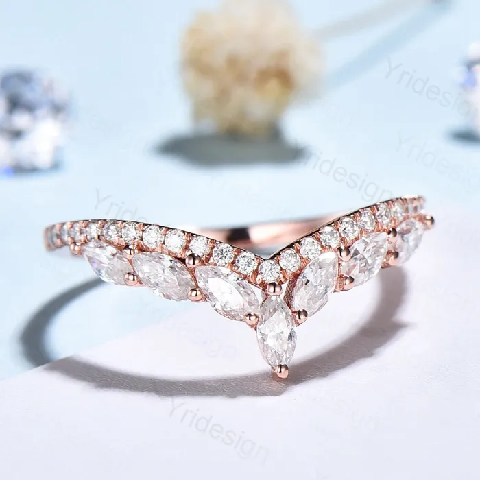 Diamond Wedding Ring For Women Unique Wedding Band Rose Gold Vintage Curved V Marquise Moissanite Matching Band Stacking Anniversary Ring PENFINE Rings Diamond Wedding Ring For Women Unique Wedding Band Rose Gold Vintage Curved V Marquise Moissanite Matching Band Stacking Anniversary Ring PENFINE Rings